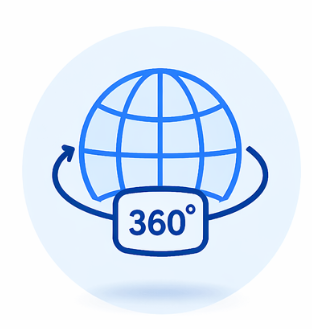 “Blue 360-degree VR globe icon with circular arrows representing immersive virtual tours.” If you want a slightly shorter version: Short alt text: “360° VR globe icon with circular arrows.”